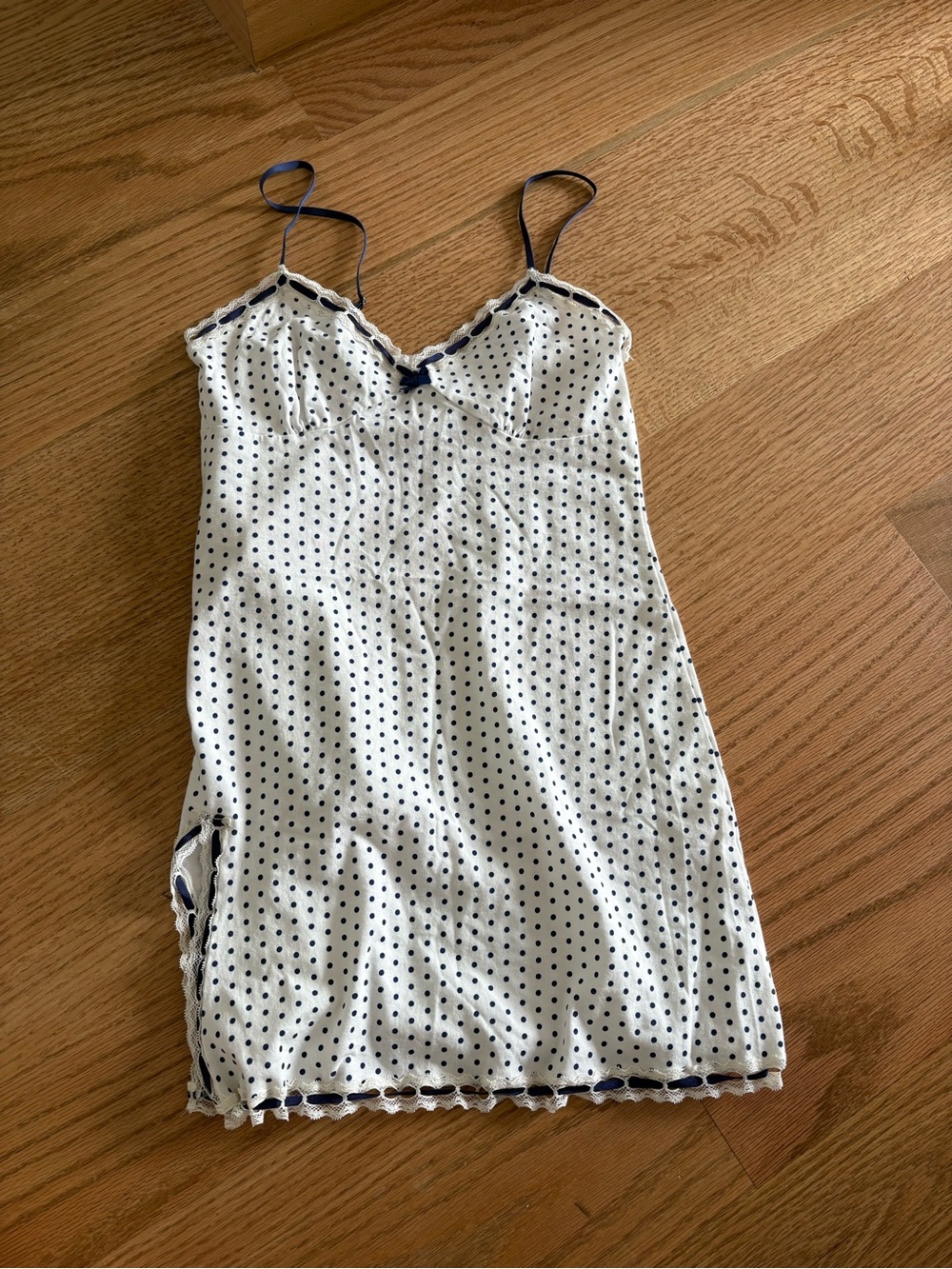 Frankies bikinis White Polka Dot Slip with Navy Trim